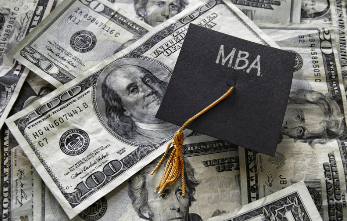 An MBA on a graduate degree cap with money in the background.