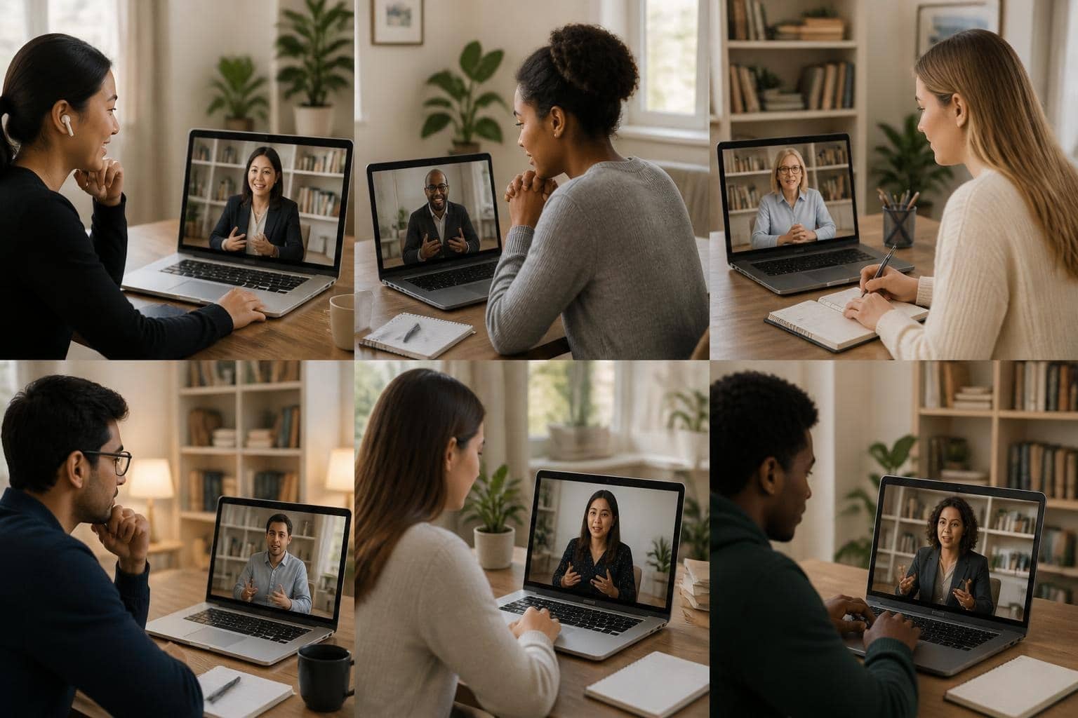 Students on video calls with admissions representatives at a virtual graduate school fair